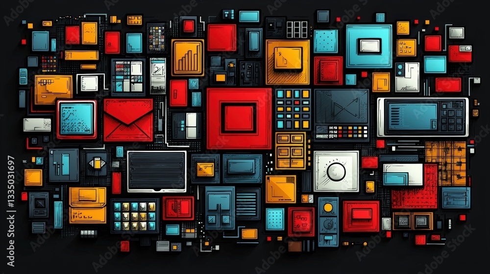 Colorful abstract composition of various geometric shapes and digital elements on dark background Colorful abstract composition of various geometric shapes and digital elements on dark background