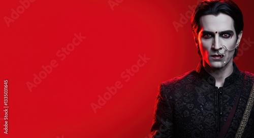 Dark fantasy portrait of gothic man in traditional attire with red background
