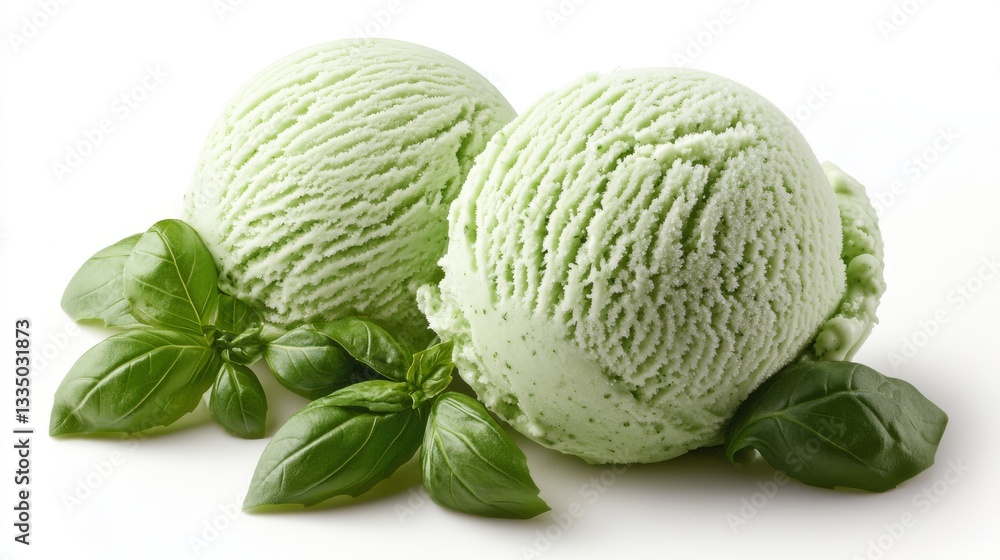 Green ice cream scoops with basil leaves garnish isolated on white background for refreshment Green ice cream scoops with basil leaves garnish isolated on white background for refreshment