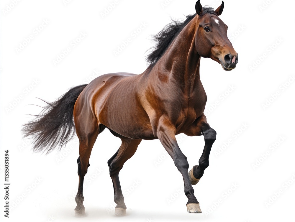 Obraz premium A powerful horse runs energetically with its mane flowing, perfectly captured against a clean white backdrop highlighting its elegance and vitality
