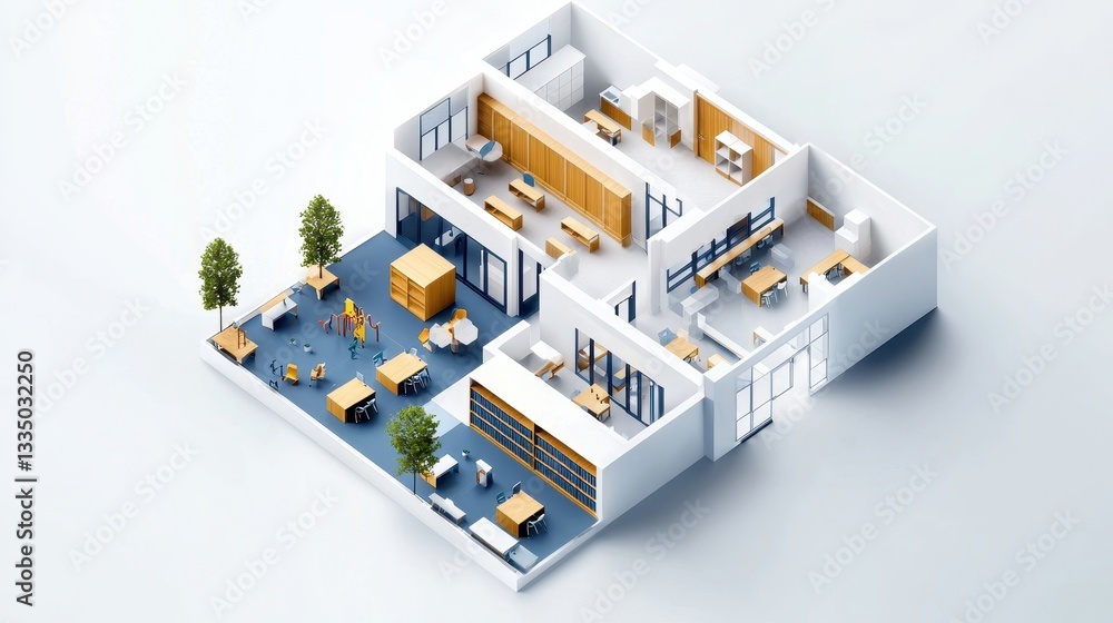 Naklejka premium Isometric Illustration of Modern School Building Interior and Exterior Design