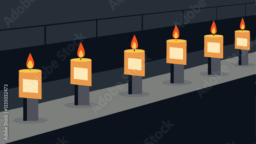 Memorial Candles Small candles lit in a row on a sidewalk with names of victims written on small placards honoring those lost and reflecting community mourning.