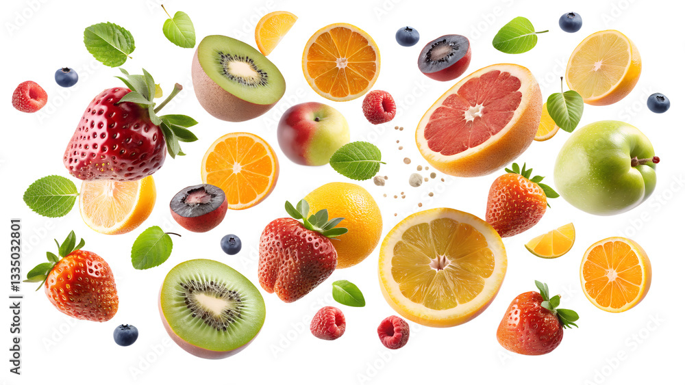 fruits floating in mid air isolated on transparent background, PNG Fiile fruits floating in mid air isolated on transparent background, PNG Fiile