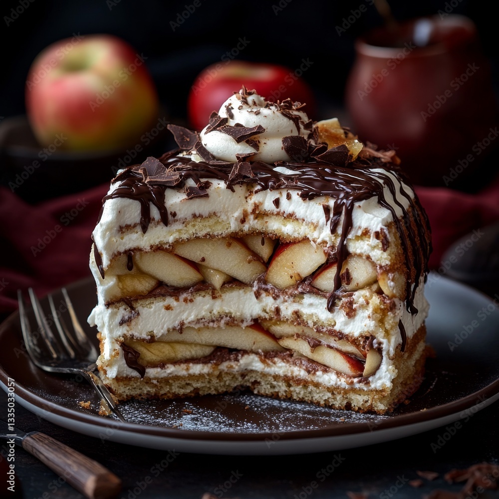 Sliced Apple Cake with Whipped Cream and Chocolate Sliced Apple Cake with Whipped Cream and Chocolate