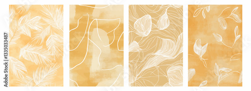 Vector pattern set of artistic minimalist white doodles on a light honey beige background