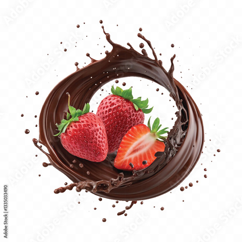 abstract 3d chocolate splash into strawberry in round style isolated on a white background