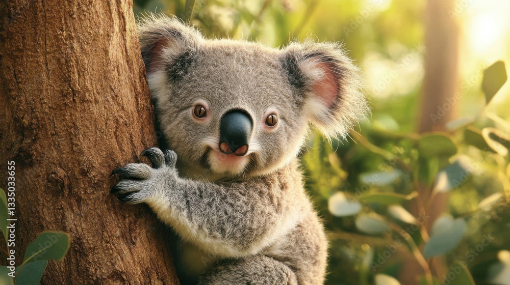 Fototapeta premium Adorable Koala Climbing Tree in Lush Green Environment