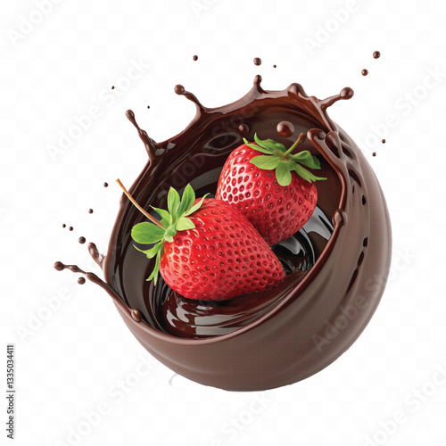 abstract 3d chocolate splash into strawberry in round style isolated on a white background