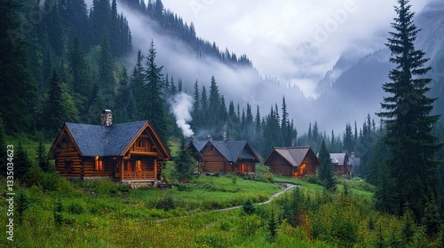 Wallpaper Mural A peaceful mountain village with log cabins, smoke rising from chimneys, and pine trees surrounding it. Torontodigital.ca