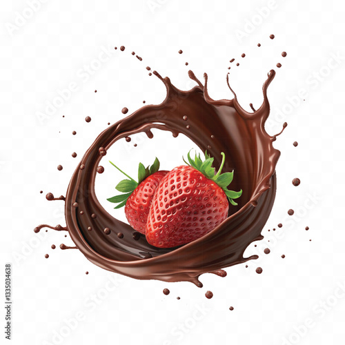 abstract 3d chocolate splash into strawberry in round style isolated on a white background