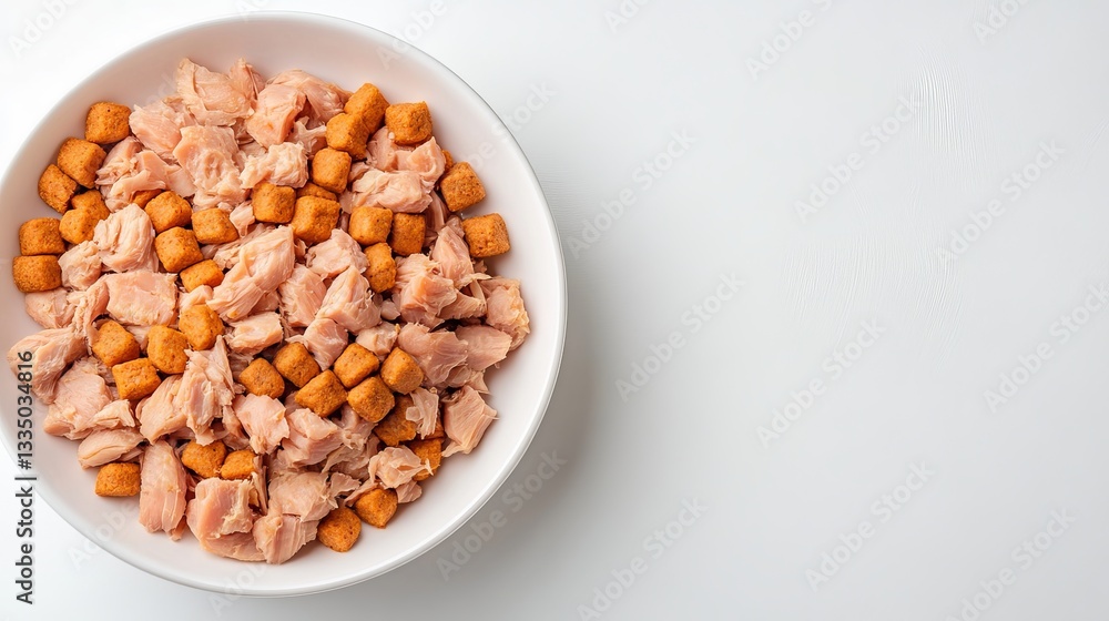 Fresh tuna and chicken mixed into cat food, beautifully plated, extreme close-up Fresh tuna and chicken mixed into cat food, beautifully plated, extreme close-up