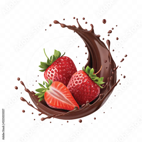 abstract 3d chocolate splash into strawberry in round style isolated on a white background