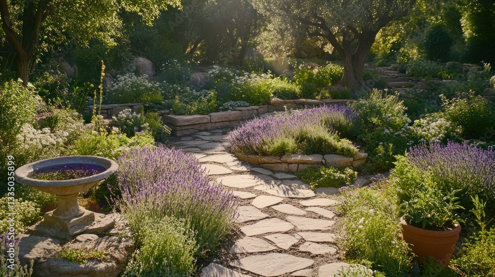 Obraz premium A beautifully landscaped garden pathway featuring lavender and stone accents