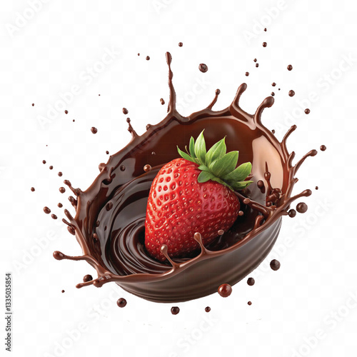 abstract 3d chocolate splash into strawberry in round style isolated on a white background