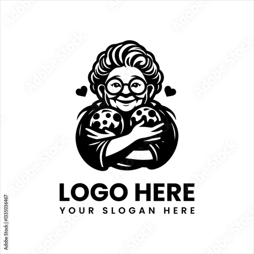 Minimalist grandma bakery logo, retro-inspired granny hugging cookies vector emblem