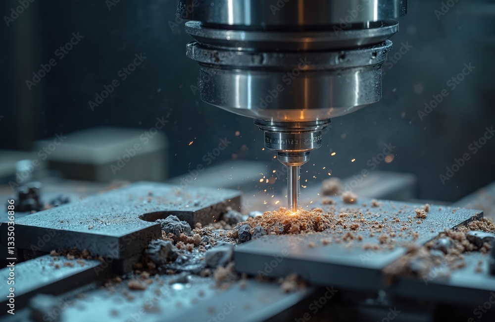 Close up of milling CNC machine working with metal detail at factory. Automated metalworking three-dimensional manufacture process with sparks. Hi-tech industrial production, engineering, metalwork Close up of milling CNC machine working with metal detail at factory. Automated metalworking three-dimensional manufacture process with sparks. Hi-tech industrial production, engineering, metalwork