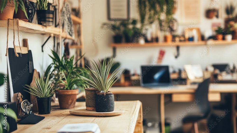 Minimalist Wall-Mounted Plant Rack in Natural Workspace with Air Plants and Greenery for a Fresh and Inviting Atmosphere Minimalist Wall-Mounted Plant Rack in Natural Workspace with Air Plants and Greenery for a Fresh and Inviting Atmosphere