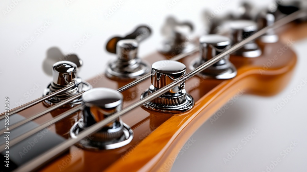 Fototapeta premium Close-Up of a Wooden Electric Bass Guitar Headstock Showing Tuning Keys