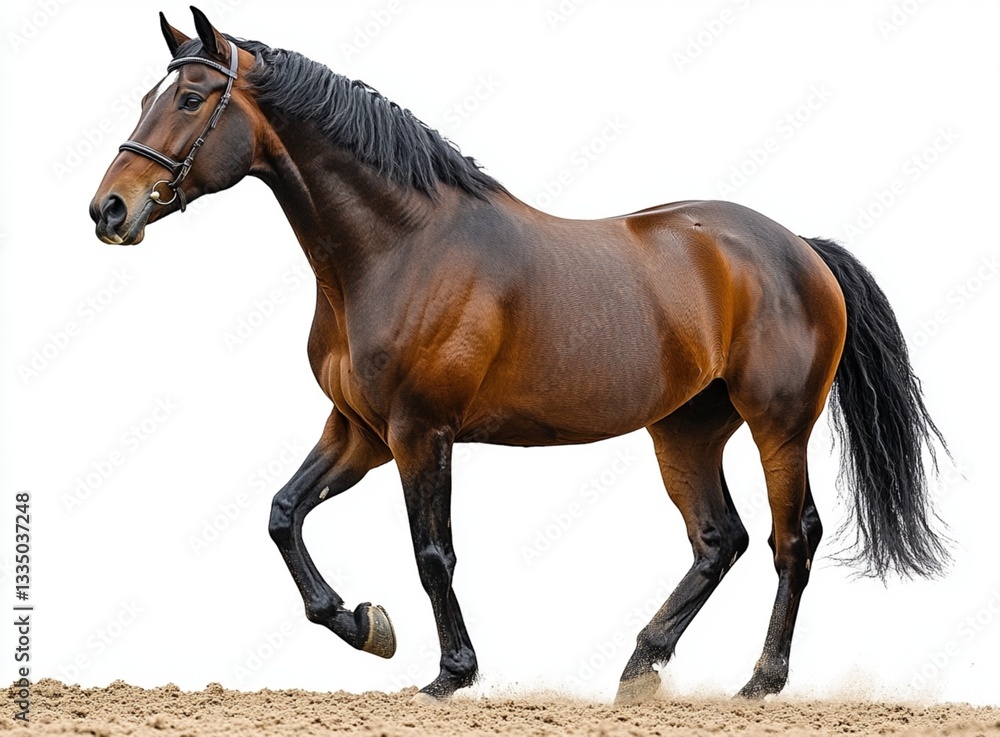 Obraz premium majestic bay horse, full body profile, white background, detailed coat texture, muscular build, alert expression, black mane and tail, photorealistic, high-contrast lighting, studio photography, equin