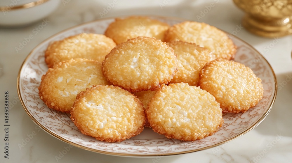 Coconut cookies stacked on floral plate, ornate tabletop background, soft light Coconut cookies stacked on floral plate, ornate tabletop background, soft light