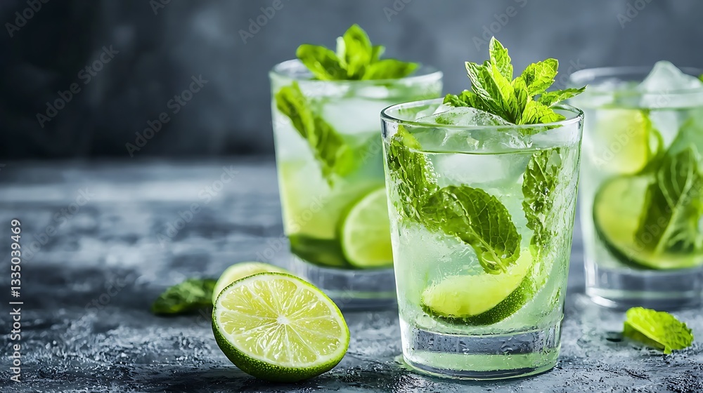 Fototapeta premium Refreshing Mojito Cocktails. Crisp, icy cocktails, bursting with fresh mint and lime. Perfect summer drink