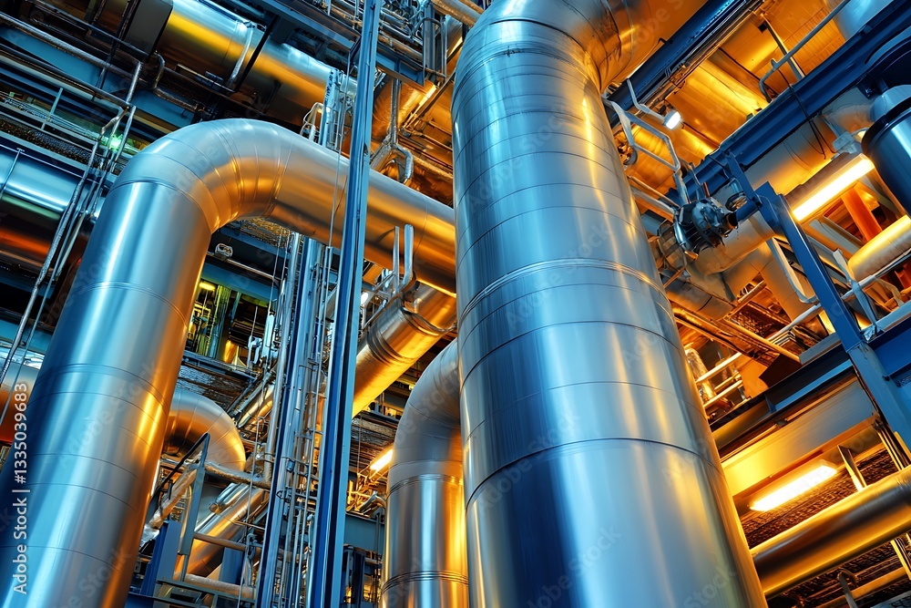 Complex network of industrial pipes and tubes in facility interiors Complex network of industrial pipes and tubes in facility interiors