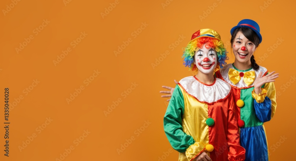 Fototapeta premium Colorful clowns in vibrant costumes against orange background celebrating laughter