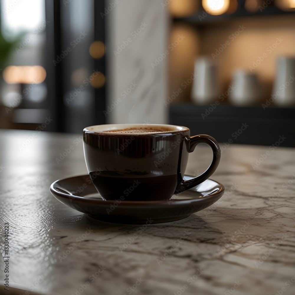 Fototapeta premium This image shows a dark brown ceramic mug and saucer, with the mug filled with a light-colored beverage, likely coffee or tea. The set is placed on a textured, light-colored surface. The background is