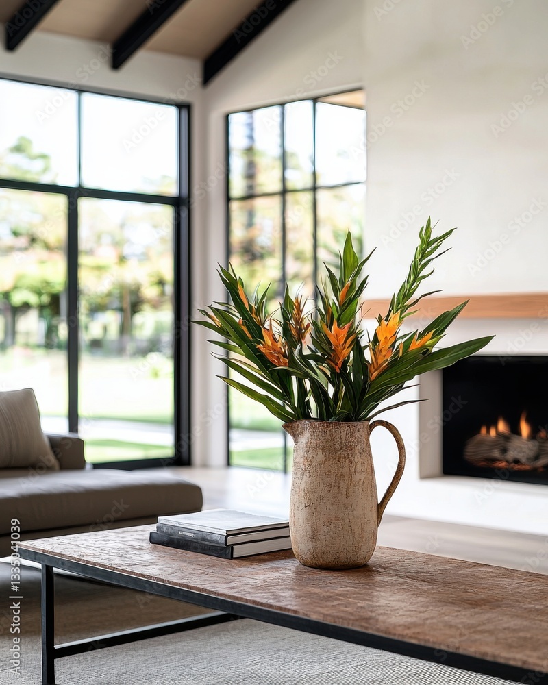 Elegant floral arrangement in a rustic vase on coffee table, bright modern living room interior. Elegant floral arrangement in a rustic vase on coffee table, bright modern living room interior.