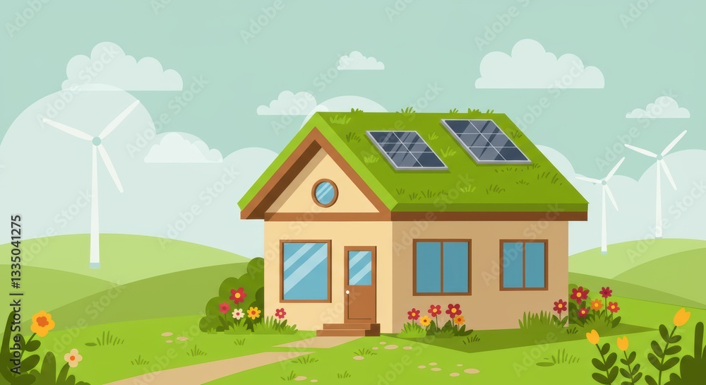 Naklejka premium Eco-friendly home with solar panels and wind turbines in serene landscape