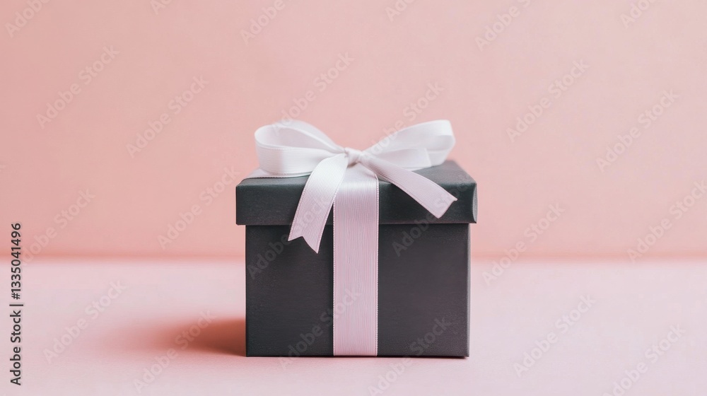 Obraz premium Elegant Gray Gift Box with White Ribbon Against Soft Pastel Pink Wall Capturing the Essence of Simplicity and Style for Perfect Presentations