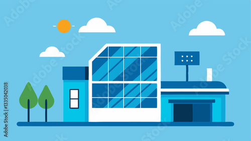 Renewable Energy Integration A vector drawing of a building with solar panels and smart glass depicting how smart glass works together with renewable technologies to reduce