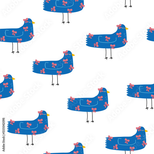 Seamless pattern with funny fashion blue bird. Kids print. Vector hand drawn illustration.