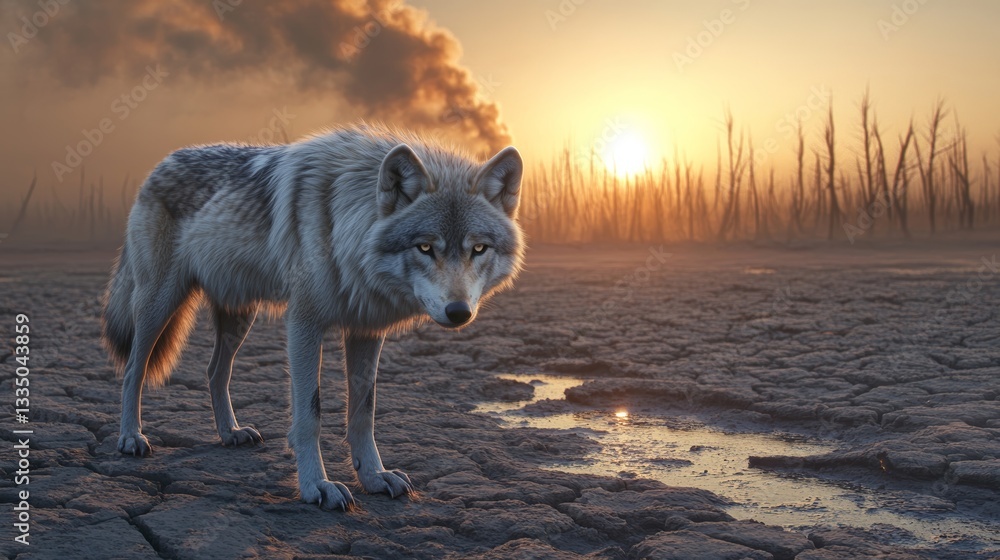 Fototapeta premium Lone Wolf in a Post-Apocalyptic Landscape