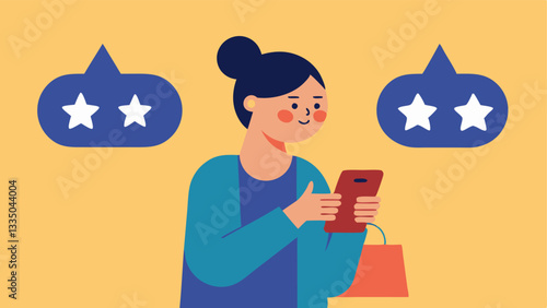 Online Shopping Decision A shopper looking at their phone with a puzzled expression while surrounded by re ratings that are overwhelmingly positive but are marked with an