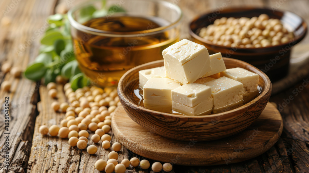 Fototapeta premium Soy grains and soybean oil in composition with other soy products - tofu and soy sauce. Everything is on old wooden table, creating cooking atmosphere. On cracked surface. Rustic style. Copy space.