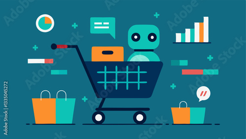 Shopping Cart and AI A grocery shopping cart filled with items with a futuristic AI robot character observing and processing data in the background symbolizing the analysis of
