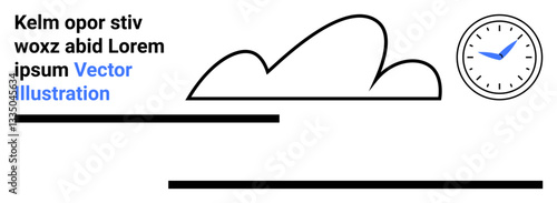 Black outlined cloud, analog clock with blue hands, and placeholder text on a simple background. Ideal for time management, weather, simplicity, minimalism, banners, technology simple landing page
