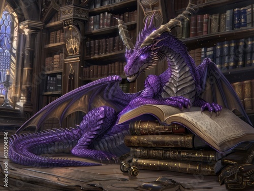 Enchanting Purple Dragon in Mystical Library: Fantasy Art Scene with Ancient Books, Magic, and Mythical Wonder