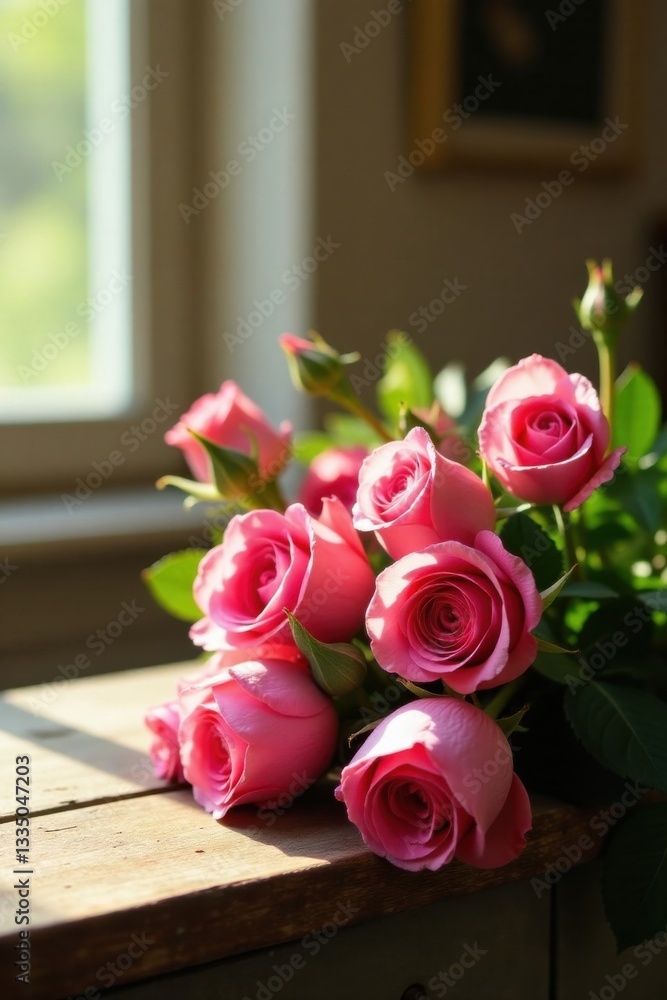 Obraz premium A delicate bouquet of pink roses rests on a weathered wooden surface, bathed in the soft glow of sunlight streaming through a nearby window.