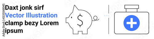 Piggy bank with dollar symbol next to a medical kit with a cross emphasizing financial savings for healthcare. Ideal for finance, health, budgeting, planning, insurance, emergency funds, simple