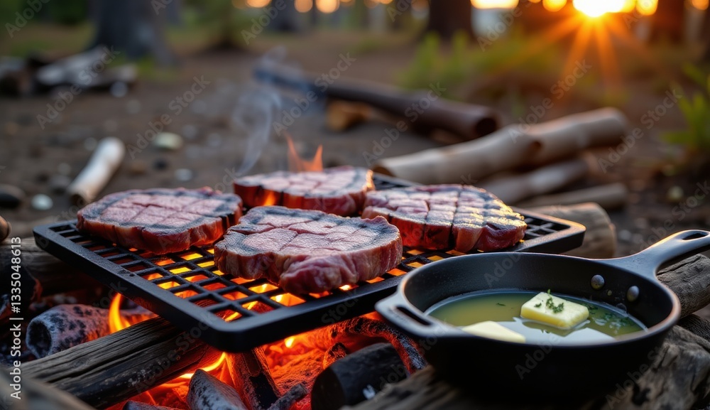 Fototapeta premium A close-up shot of raw beef being cooked on a charcoal grill with visible flames
