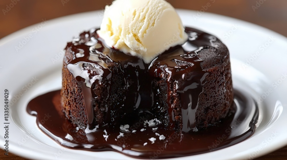 Decadent Chocolate Cake with Melting Ice Cream on Top Served on a White Plate with Rich Chocolate Sauce Drizzle Decadent Chocolate Cake with Melting Ice Cream on Top Served on a White Plate with Rich Chocolate Sauce Drizzle