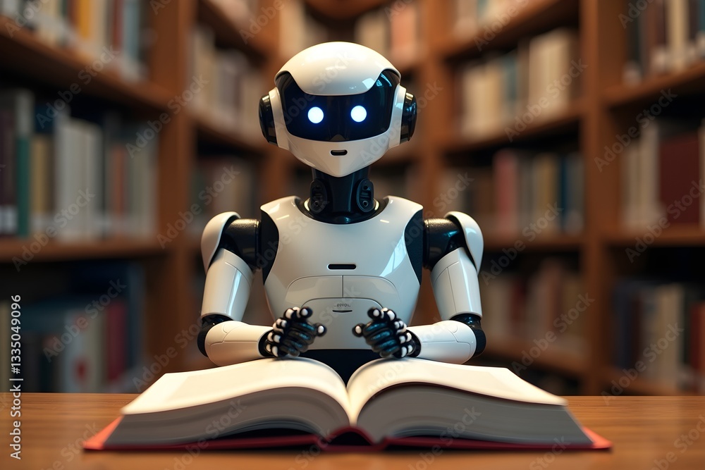 humanoid robot reading in library, open book, bookshelves, robotic eyes, white and black design, futuristic learning, artificial intelligence, humanoid robot reading in library, open book, bookshelves, robotic eyes, white and black design, futuristic learning, artificial intelligence,