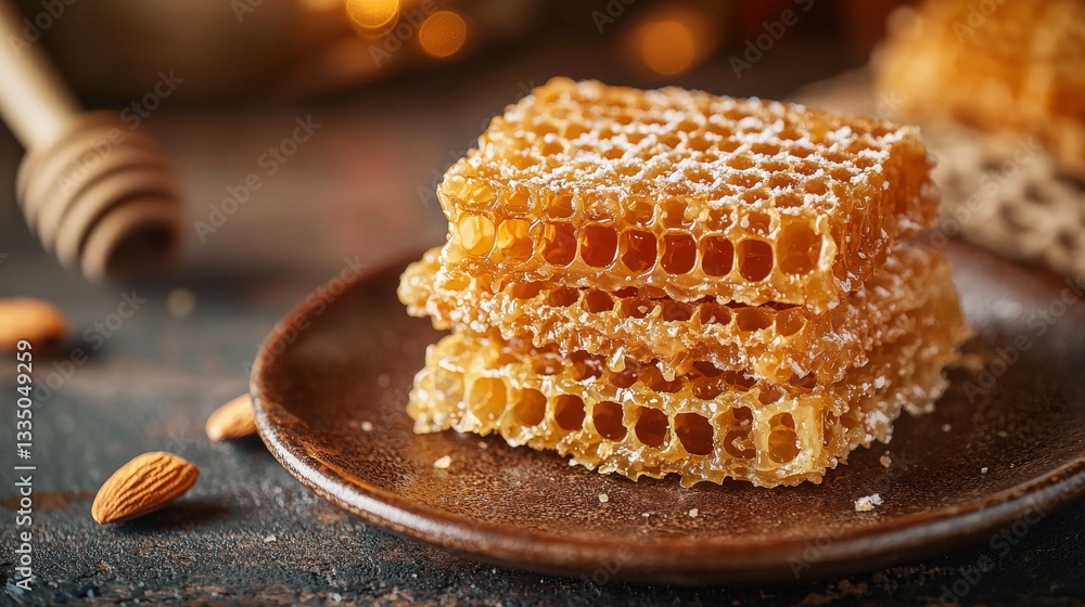 Golden Honeycomb with Almonds on Dark Rustic Plate with Blurred Background and Honey Drizzler in Warm Light Golden Honeycomb with Almonds on Dark Rustic Plate with Blurred Background and Honey Drizzler in Warm Light