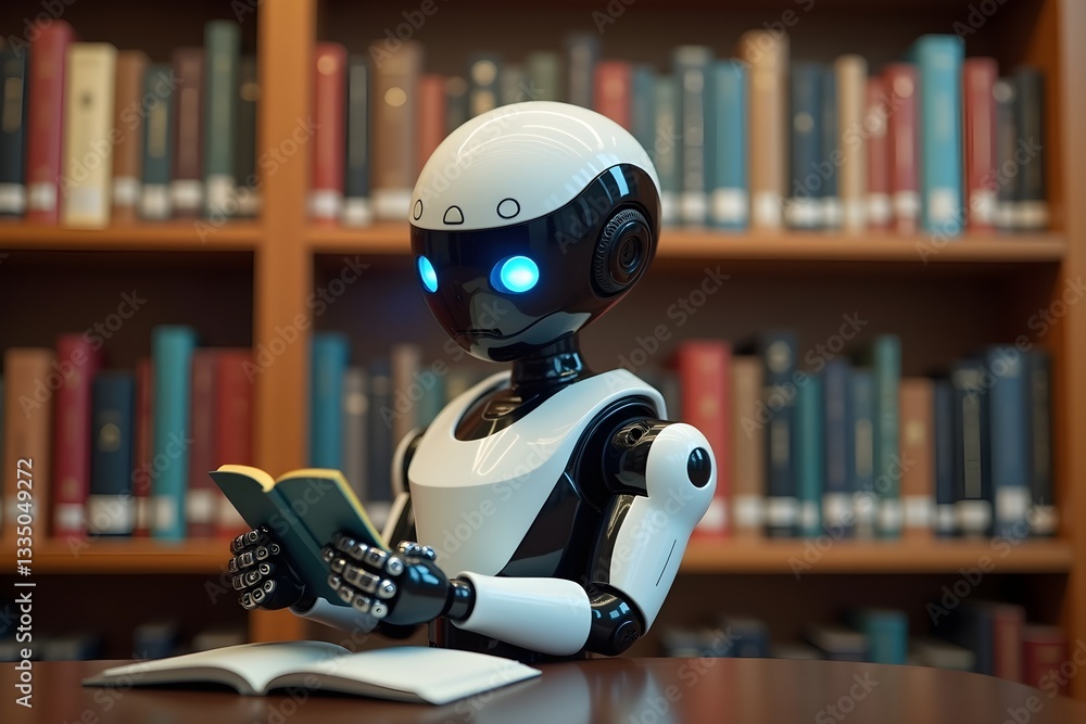 humanoid robot reading in library, open book, bookshelves, robotic eyes, white and black design, futuristic learning, artificial intelligence, humanoid robot reading in library, open book, bookshelves, robotic eyes, white and black design, futuristic learning, artificial intelligence,