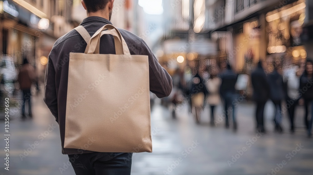 Fototapeta premium Person Walking On A Street With A Tote Bag Over Shoulder