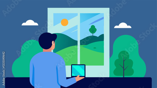 Nature on Screens A person in a cozy living room gazing at a virtual landscape on a tablet bypassing an open window where real nature is visible.