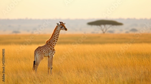 Elegant Giraffe Standing in Golden Grassland Under Sunrise Sky