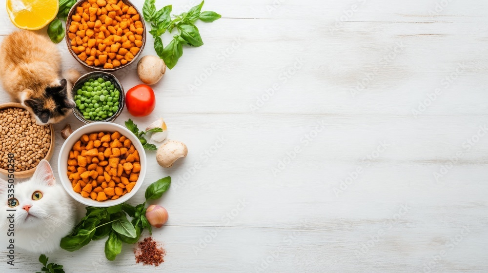 Top-view of a table with various international cat cuisine inspirations, global nutrition theme